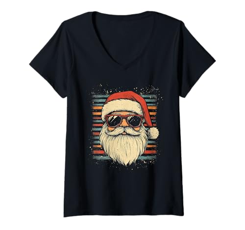 Damen Nikolaus Santa Silhouette Weihnachtsmann mit Sonnenbrille T-Shirt mit V-Ausschnitt von Weihnachtsmann mit Weihnachtsmütze & Sonnenbrille