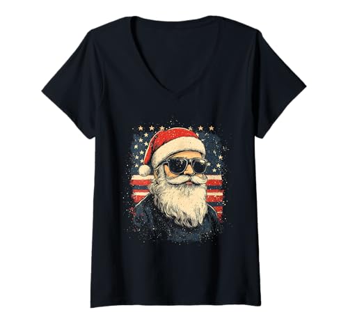 Damen Nikolaus Santa Silhouette Weihnachtsmann mit Sonnenbrille T-Shirt mit V-Ausschnitt von Weihnachtsmann mit Weihnachtsmütze & Sonnenbrille