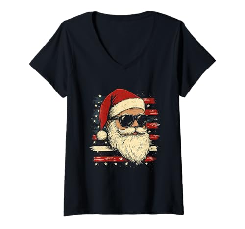 Damen Nikolaus Santa Silhouette Weihnachtsmann mit Sonnenbrille T-Shirt mit V-Ausschnitt von Weihnachtsmann mit Weihnachtsmütze & Sonnenbrille
