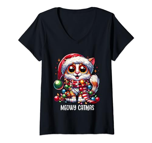 Meowy Catmas Katze Kätzchen Weihnachtsoutfit Damen Weihnacht T-Shirt mit V-Ausschnitt Meowy Catmas Katze Kätzchen Weihnachtsoutfit Damen Weihnacht T-Shirt mit V-Ausschnitt von Weihnachtspulli & Weihnachtsshirt Katzen Geschenk