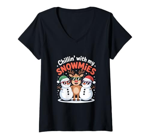 Damen Chillin with My Snowmies Weihnachten Rentier Schneemann T-Shirt mit V-Ausschnitt Damen Chillin with My Snowmies Weihnachten Rentier Schneemann T-Shirt mit V-Ausschnitt von Weihnachtsspruch Rentier Schneemann Winter Humor