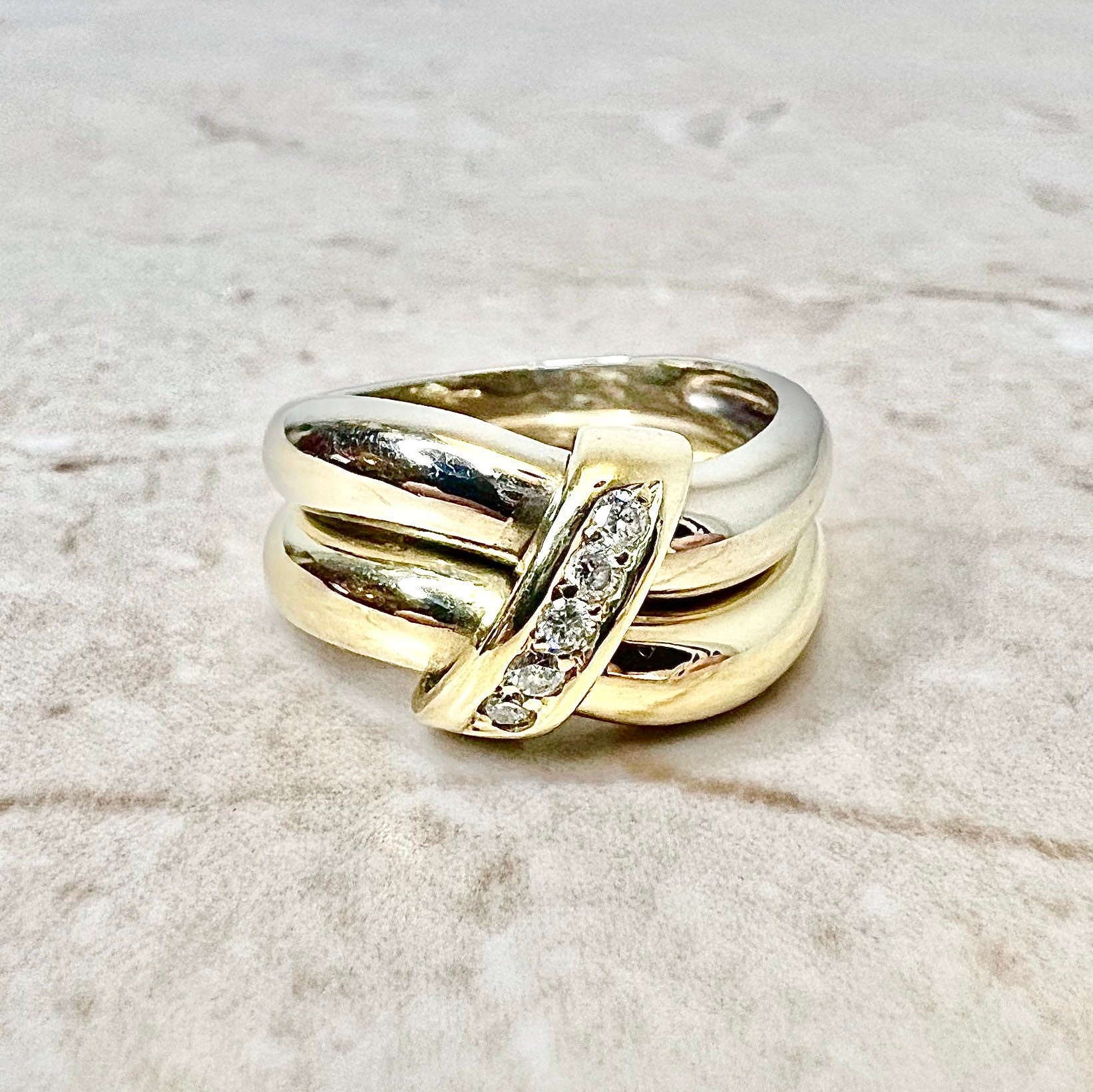 14K Diamant Crossover Band Ring - Zwei Ton Gold Ehering Fünf Stein Versprechen Jubiläum Bestes Geschenk Für Sie von WeilJewelry