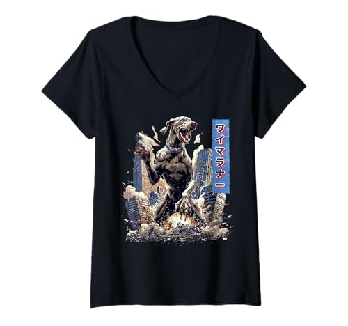Damen Lustiger Weimaraner Hund Kaiju Monster Japanisch T-Shirt mit V-Ausschnitt Damen Lustiger Weimaraner Hund Kaiju Monster Japanisch T-Shirt mit V-Ausschnitt von Weimaraner Dog Kaiju Monster Clothing