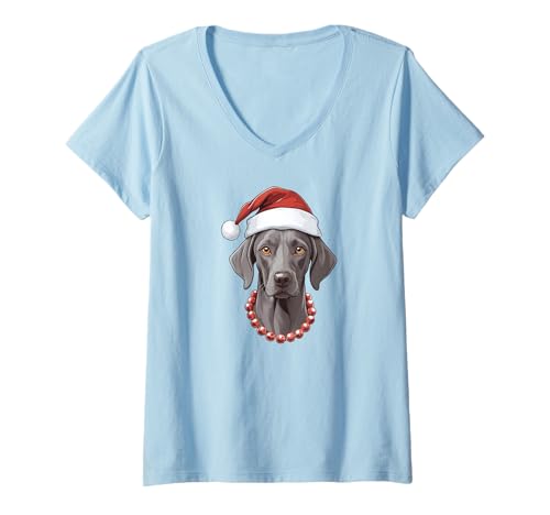 Damen Weihnachtsmütze Weimaraner Hund Nikolausmütze T-Shirt mit V-Ausschnitt Damen Weihnachtsmütze Weimaraner Hund Nikolausmütze T-Shirt mit V-Ausschnitt von Weimaraner Dog Owners