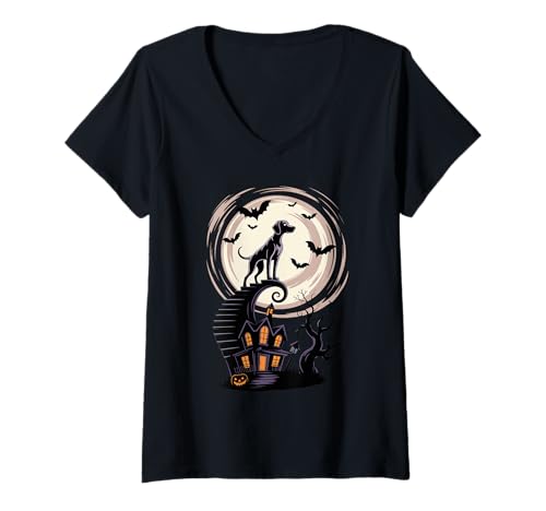 Damen Gruseliges Halloween Mond Weimaraner Weimaraners T-Shirt mit V-Ausschnitt Damen Gruseliges Halloween Mond Weimaraner Weimaraners T-Shirt mit V-Ausschnitt von Weimaraners Weimaraner Lover Gifts