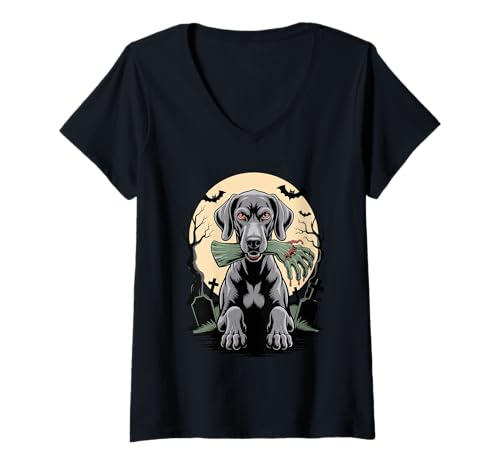 Damen Halloween Mond Zombie Hand Weimaraner Weimaraners T-Shirt mit V-Ausschnitt Damen Halloween Mond Zombie Hand Weimaraner Weimaraners T-Shirt mit V-Ausschnitt von Weimaraners Weimaraner Lover Gifts