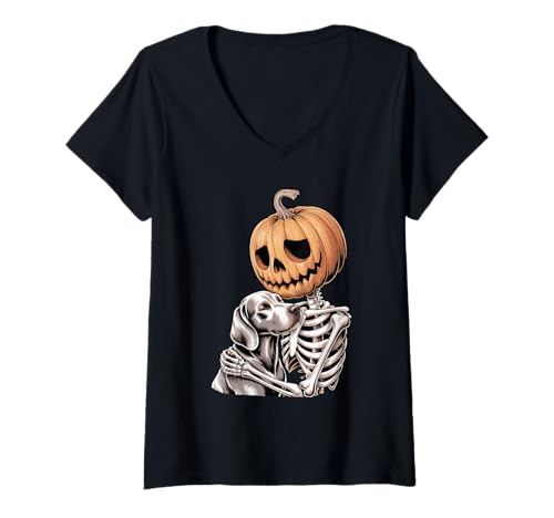 Damen Halloween Skeleton Weimaraner Weimaraners T-Shirt mit V-Ausschnitt Damen Halloween Skeleton Weimaraner Weimaraners T-Shirt mit V-Ausschnitt von Weimaraners Weimaraner Lover Gifts