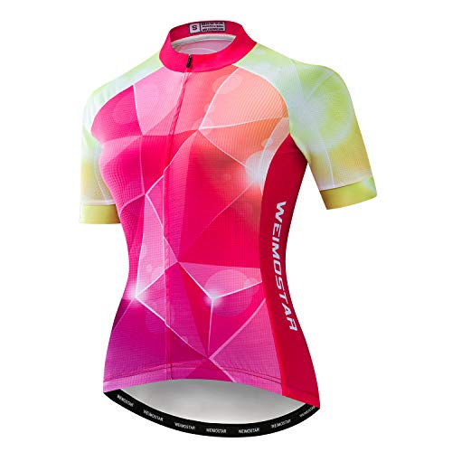 Radtrikot Damen Fahrradtrikot MTB Fahrradshirt Team Racing Tops, Pink, Gold, Etikett XL (Brust 97/104 cm) von WeimoMonkey