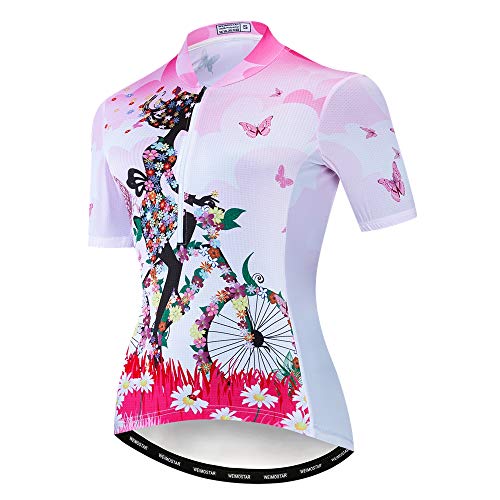 Bike Trikot Damen Radtrikot Half Zipper MTB Tops Bekleidung Mountain Road Fahrradbekleidung atmungsaktiv Biker Racing Shirts für Damen Damen Fahrradbekleidung Sommer Pink L von Weimostar