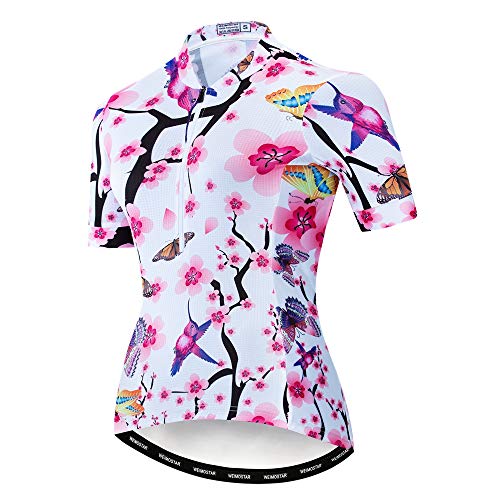 Bike Trikot Damen Radtrikot Half Zipper MTB Tops Bekleidung Mountain Road Fahrradbekleidung atmungsaktiv Biker Racing Shirts für Damen Damen Fahrradbekleidung Sommer Pink Weiß L von Weimostar