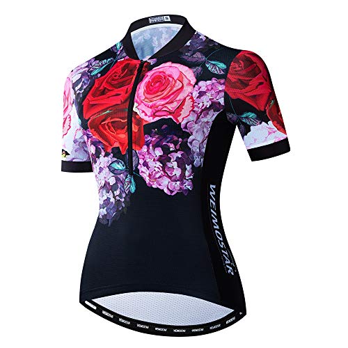 Bike Trikot Damen Radtrikot Half Zipper MTB Tops Bekleidung Mountain Road Fahrradbekleidung atmungsaktiv Biker Racing Shirts für Damen Damen Fahrradbekleidung Sommer Schwarz Rot L von Weimostar