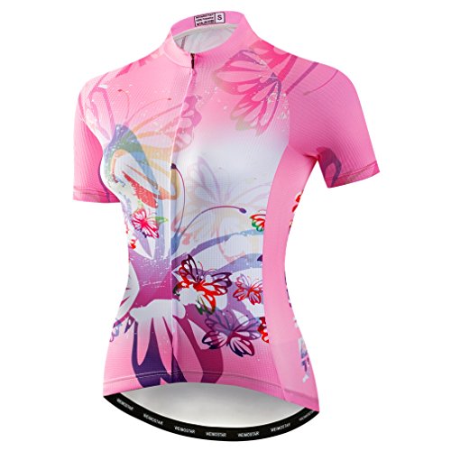 Mountainbike-Jersey-Shirts der Radfahren Jersey-Frauen Kurze Hülse Straße Fahrrad-Kleidung Pro-Team MTB übersteigt Sommer-Kleidung Blumen rosa Größe L von Weimostar