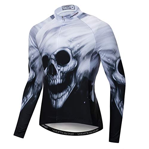 Radfahren Trikot Langarm Herren Mountainbike Trikot Zip Shirts Rennrad Bekleidung Reiten Sport Racing MTB Tops für Männer Bouse Herbst Herbst Frühling atmungsaktiv weiß Totenkopf Größe XL von Weimostar