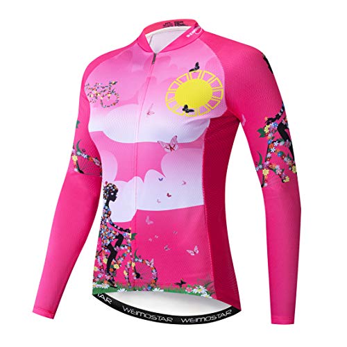 Radtrikot Langarm Damen Mountainbike Trikot Zip Shirts Rennrad Bekleidung Sport Racing MTB Tops für Damen Damen Bouse Herbst Herbst Frühling Atmungsaktiv Reiten Pink Größe XL von Weimostar