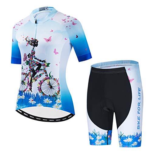 Radtrikot Shorts Set gepolstert Damen Fahrrad Top Anzug Fahrrad MTB Shirt Mountain Road Kleidung Sommer Racing Riding Top Blau XL von Weimostar