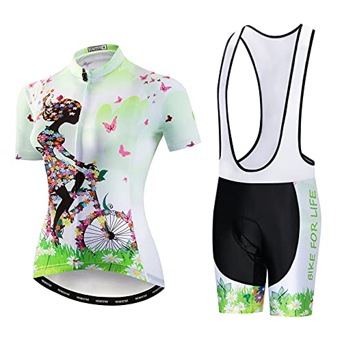 Radtrikot Trägerhosen Set Gepolstert Damen Bike Top Anzug Taschen Radshirt Rennrad Bekleidung Damen Racing MTB Berguniform Kurzarm Team Grün M von Weimostar