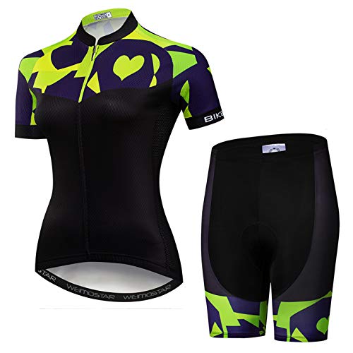 Radtrikot Trikot Set Frauen Fahrrad Trikot Shorts Anzug gepolsterte Damen MTB Top Bottom Shirts Road Mountain Fahrrad Kleidung Kleidung Uniform Sommer Rennen Reiten Grün Größe XXXL von Weimostar