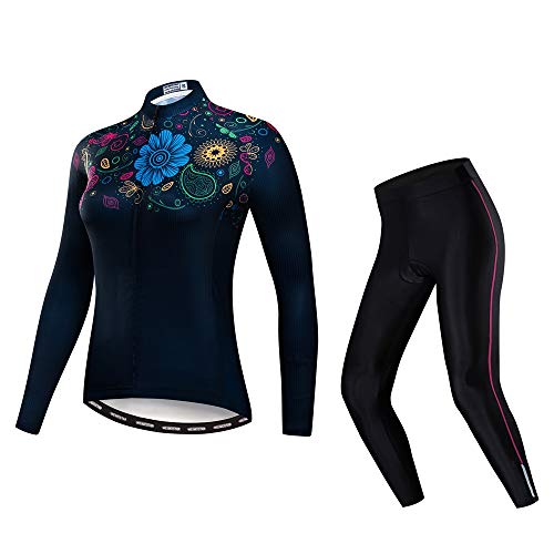 weimostar Radtrikot-Sets für Damen, langärmelig, Mountainbike, Trikot, Hose, Anzug, Reißverschluss, Hemden, Rennrad, MTB, Oberteil für Damen, Damen, Baus, Herbst, Blume, Schwarz, Größe M von Weimostar