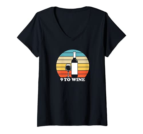 Damen 9 To Wine Funny Retro Style Wine Lover T-Shirt mit V-Ausschnitt Damen 9 To Wine Funny Retro Style Wine Lover T-Shirt mit V-Ausschnitt von Wein Mama Kleidung