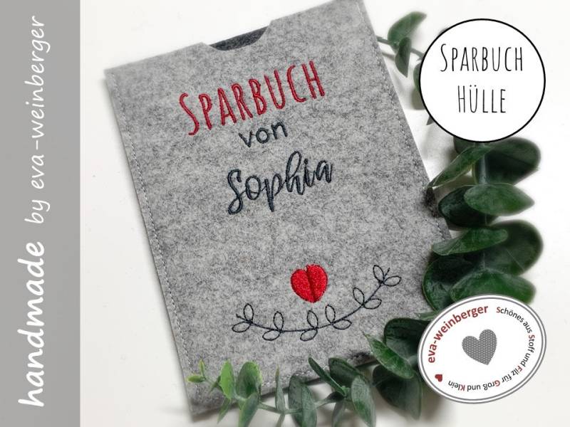 Sparbuchhülle Herz Geschenk Zur Taufe Oder Geburt, Volljährigkeit, Firmung Aus Filz Für Mädchen Junge in Vielen Farben Personalisierbar von WeinbergerDesign