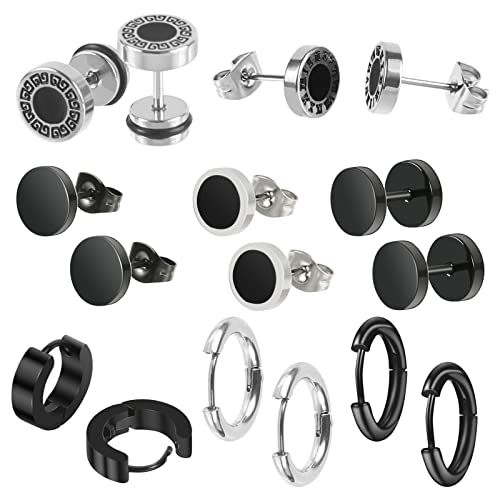 Edelstahl Punk Creolen,Weinsamkeit 8 Pair Herren Edelstahl Ohrringe, 8mm Edelstahl Ohrclips Emaille Ohrschmuck Piercing Ohr Lünette Runde Coole Ohrstecker Tunnel Piercing für Damen Und Herren von Weinsamkeit