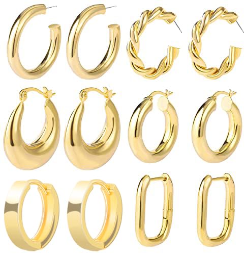 Weinsamkeit 6 Paar Gold Creolen Set für Damen Mädchen Hypoallergen Dick Offen Schlafen Ohrringe Twisted Huggie Hoop Ohrringe Kreolen Gold Creolen Gold Groß von Weinsamkeit