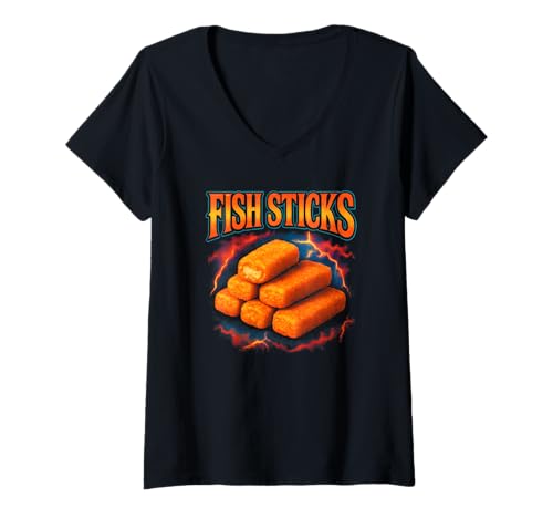 Damen Fischstäbchen Lieblingsessen lustige seltsame 90er Fischstäbchen T-Shirt mit V-Ausschnitt von Weird Food Meme Merch