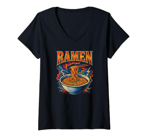 Damen Ramen-Lieblingsessen Lustige seltsame 90er-Jahre-Ramen T-Shirt mit V-Ausschnitt von Weird Food Meme Merch