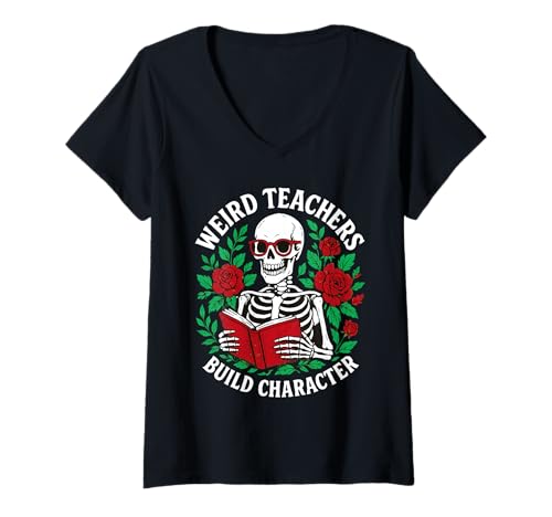 Damen Weird Teachers Build Character Skelett Buch Halloween Frauen T-Shirt mit V-Ausschnitt Damen Weird Teachers Build Character Skelett Buch Halloween Frauen T-Shirt mit V-Ausschnitt von Weird Teachers Build Character Skeleton Book