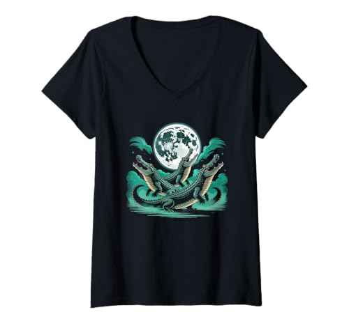 Damen DREI Weirdcore Krokodile Mond Funny 3 Alligator Dead Moon T-Shirt mit V-Ausschnitt Damen DREI Weirdcore Krokodile Mond Funny 3 Alligator Dead Moon T-Shirt mit V-Ausschnitt von Weirdcore Animal Swamp - DressedForDuty