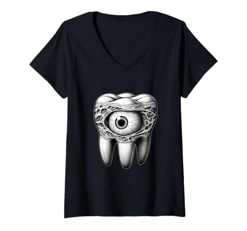 Damen Gruseliger Zahn-Augapfel Surreal Horror Weirdcore Punk Gothic T-Shirt mit V-Ausschnitt von Weirdcore Clothing & Dreamcore Clothes