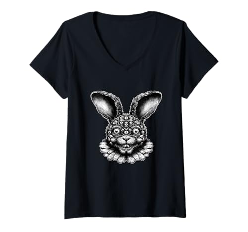 Damen Gruseliges Häschen Horror Weirdcore Odd Dark Gothic Gruseliges Kaninchen T-Shirt mit V-Ausschnitt von Weirdcore Clothing & Dreamcore Clothes
