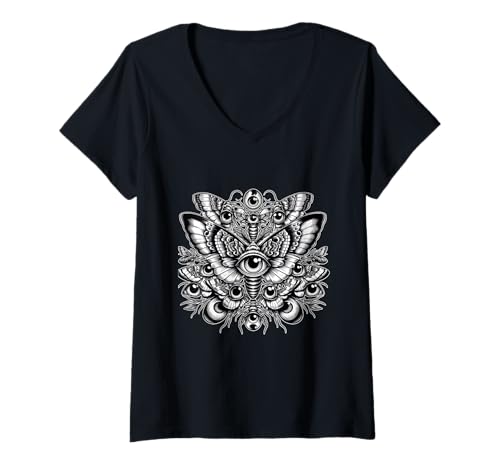 Damen Motten Augäpfel Weird Eyes Dark Grunge Weirdcore Odd Insects T-Shirt mit V-Ausschnitt von Weirdcore Clothing & Dreamcore Clothes