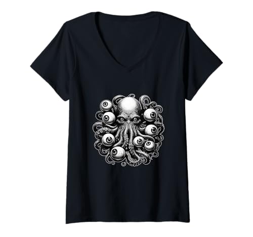 Damen Oktopus Seemonster Gruselige Augäpfel Gothic Horror Weirdcore T-Shirt mit V-Ausschnitt von Weirdcore Clothing & Dreamcore Clothes