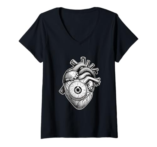 Damen Seltsamer anatomischer Herz-Augapfel Dark Gothic Weirdcore T-Shirt mit V-Ausschnitt von Weirdcore Clothing & Dreamcore Clothes