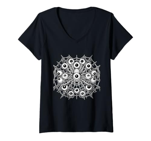 Damen Spinnennetz-Augäpfel Weird Goth Horror Dark Gothic Weirdcore T-Shirt mit V-Ausschnitt von Weirdcore Clothing & Dreamcore Clothes