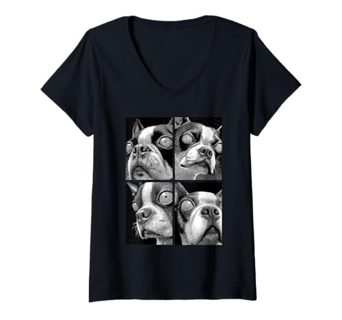 Damen Hypnotic Boston Terrier Weird Eyes Weirdcore Halloween Hunde T-Shirt mit V-Ausschnitt von Weirdcore Clothing & Halloween Clothes
