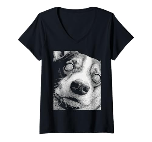 Damen Hypnotic Corgi Weird Eyes Horror Weirdcore Halloween Hund T-Shirt mit V-Ausschnitt von Weirdcore Clothing & Halloween Clothes