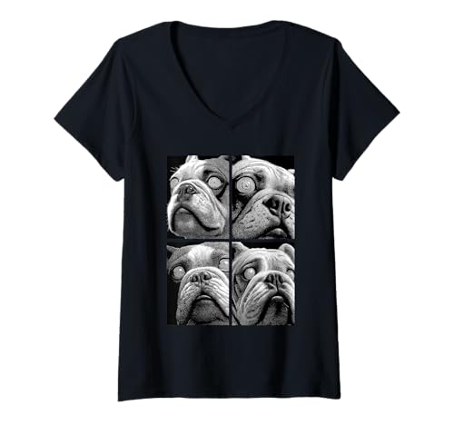 Damen Hypnotische britische Bulldogge Weird Eyes Weirdcore Halloween-Hunde T-Shirt mit V-Ausschnitt von Weirdcore Clothing & Halloween Clothes