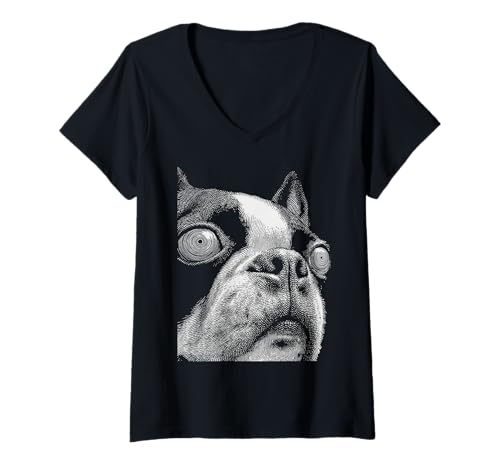 Damen Hypnotischer Boston Terrier Weird Eyes Weirdcore Goth Halloween T-Shirt mit V-Ausschnitt von Weirdcore Clothing & Halloween Clothes