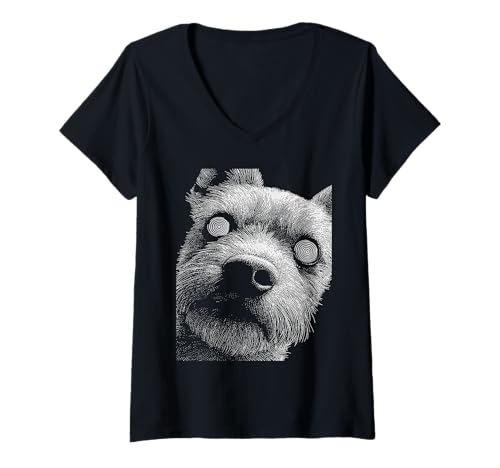 Damen Hypnotischer Yorkshire Terrier Odd Eyes Weirdcore Halloween Hund T-Shirt mit V-Ausschnitt von Weirdcore Clothing & Halloween Clothes