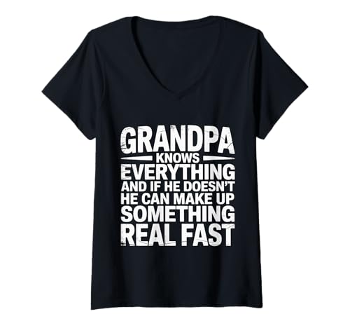 Damen Grandpa Knows All Or Makes It Up Fast - T-Shirt mit V-Ausschnitt von Weise lustiger Großvater Witz