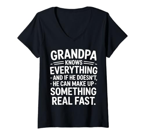 Damen Grandpa Knows All Or Makes It Up Fast - T-Shirt mit V-Ausschnitt von Weise lustiger Großvater Witz