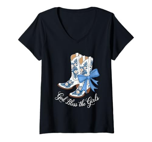 Damen God Bless The Girls Cowgirl Boots Blau Schleife Western T-Shirt mit V-Ausschnitt von Weiße Cowgirl Boots God Bless The Girls Motiv