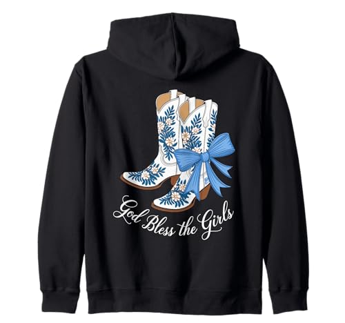 God Bless The Girls Cowgirl Boots Blau Schleife Western Kapuzenjacke von Weiße Cowgirl Boots God Bless The Girls Motiv