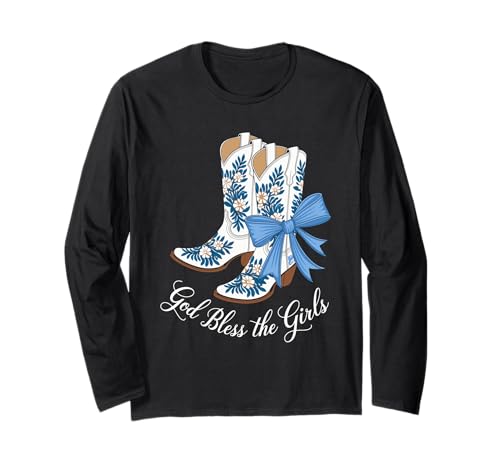 God Bless The Girls Cowgirl Boots Blau Schleife Western Langarmshirt von Weiße Cowgirl Boots God Bless The Girls Motiv