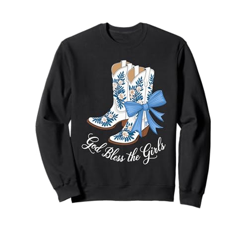 God Bless The Girls Cowgirl Boots Blau Schleife Western Sweatshirt von Weiße Cowgirl Boots God Bless The Girls Motiv