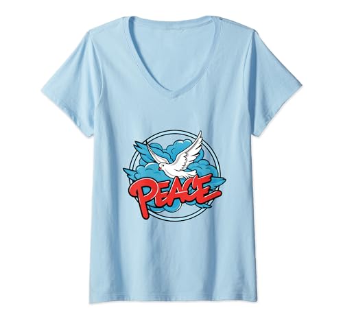 Damen Weisse Friedenstaube blaue Wolken und Wort "Frieden" T-Shirt mit V-Ausschnitt von Weisse Friedenstaube und Schriftzug "Frieden"