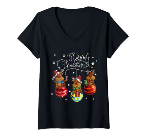 Damen Merry Christmas Weihnachtskugel Motiv Festtage Rentiert T-Shirt mit V-Ausschnitt Damen Merry Christmas Weihnachtskugel Motiv Festtage Rentiert T-Shirt mit V-Ausschnitt von Weiße Weihnachten Dekorieren Weihnachten Xmas