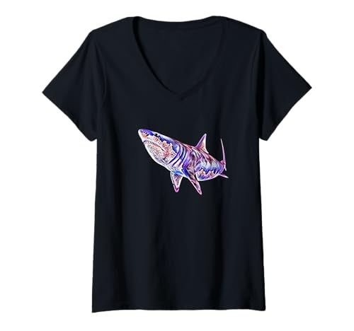 Damen Weißer Hai Motiv Haie T-Shirt mit V-Ausschnitt Damen Weißer Hai Motiv Haie T-Shirt mit V-Ausschnitt von Weißer Hai Herren | Damen Kinder Jungen Geschenk